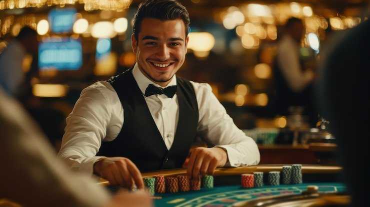 Ruang kasino virtual dengan permainan meja dan dealer langsung secara online